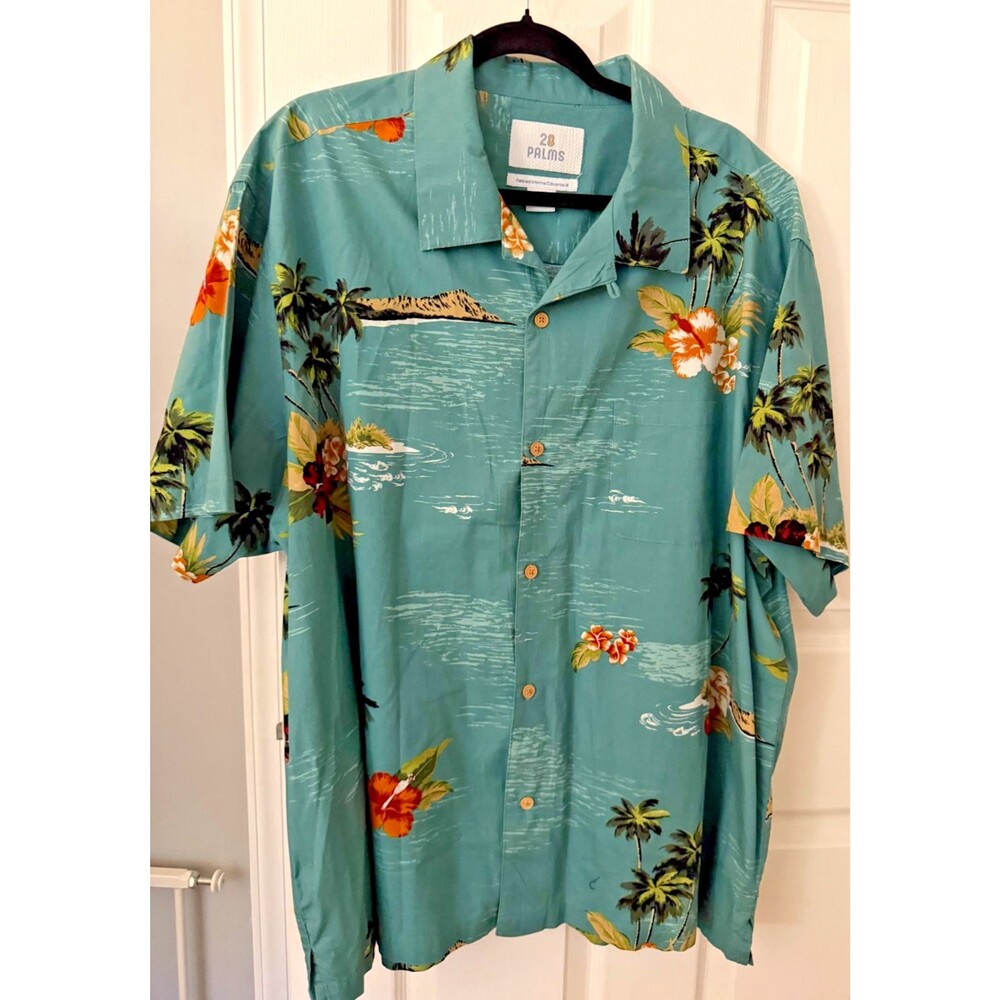 Tropical Hawaiian Shirt Aloha Floral/Palm Trees Teal Men's 2XL. 28 Palms